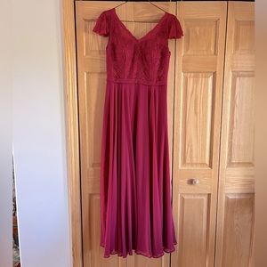 Azazie Lace Bodice and Cap Sleeves Deep Red Formal Long Dress - Size 10